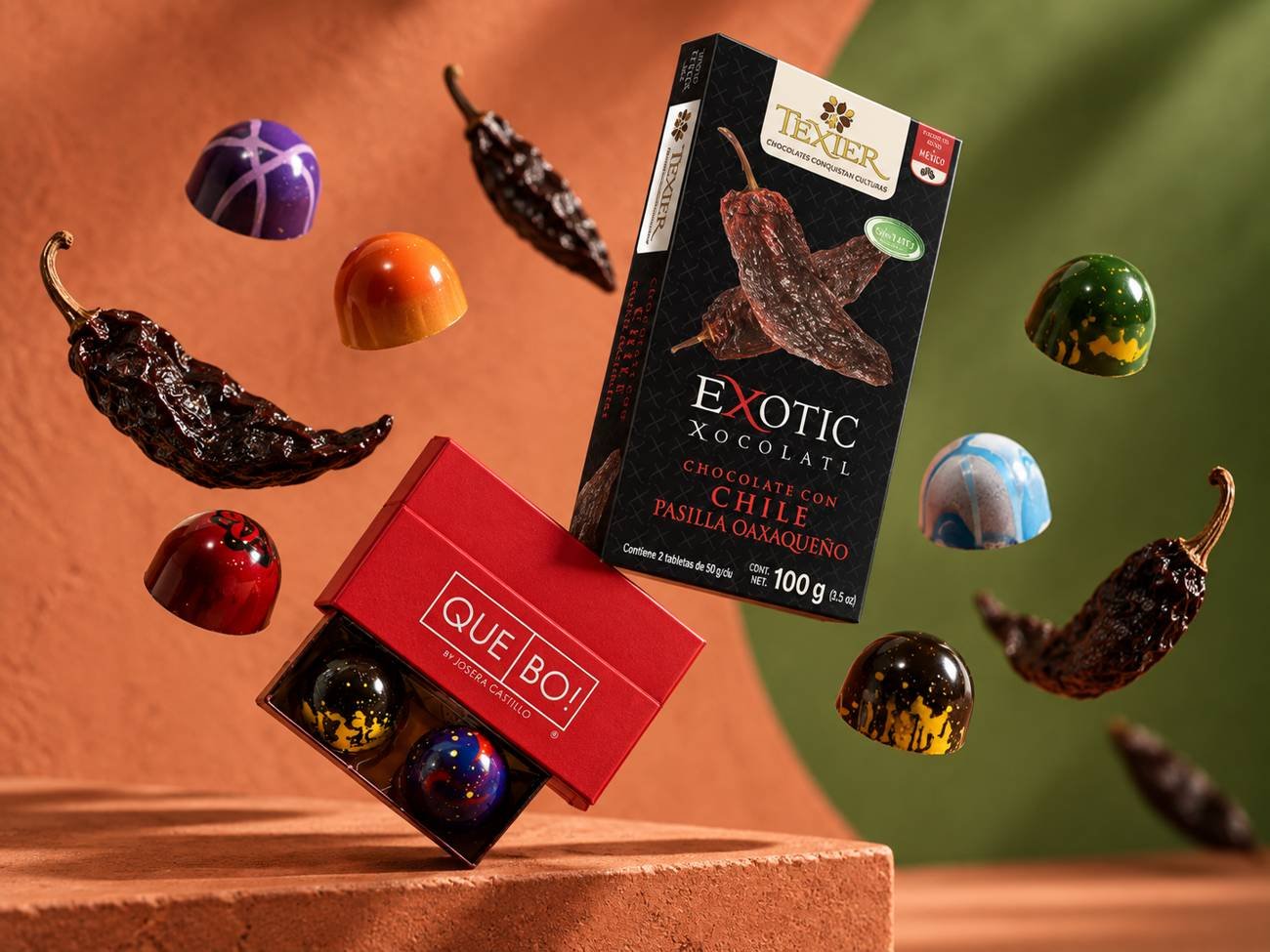 Chocolate Texier con chile pasilla y bombones Qué Bo!