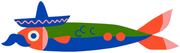 Sardina bigotona con sombrero, ilustración de Acuyá